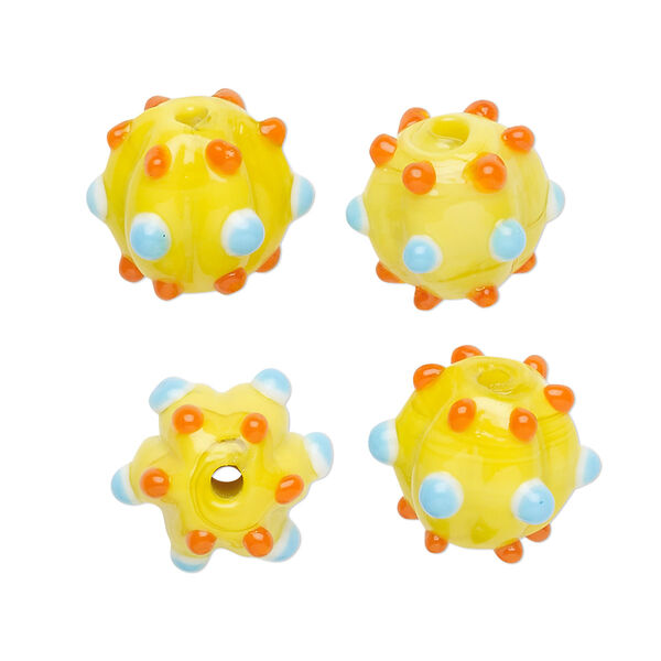 Bead, lampworked glass, opaque yellow / orange / light blue, 15x13mm fluted round. Sold per pkg of 4. image number 0