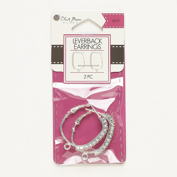 Ear wire, acrylic and silver-finished "pewter" (zinc-based alloy), clear, 28mm leverback with open loop. Sold per pair. image number 0