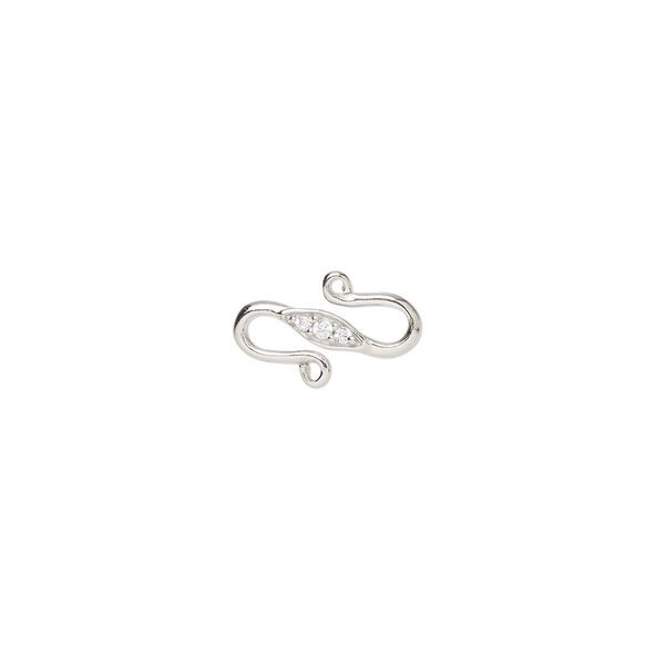 Clasp, S-hook, cubic zirconia and rhodium-plated sterling silver, clear, 12.5x8mm single-sided overall. Sold individually. image number 0