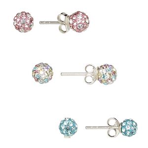 Earstud, Preciosa Czech glass rhinestone / epoxy / sterling silver, assorted colors, 5mm and 6mm round with post. Sold per pkg of 3 pairs.