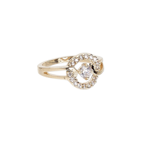 Ring, Czech glass rhinestone and gold-finished "pewter" (zinc-based alloy), clear, 11mm wide with open round, size 6-1/2. Sold individually. image number 0