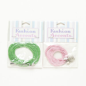Cord and finding assortment 1pkg2, silver-finished steel and waxed cotton, green and pink, 6mm round cord with lobster claw clasp, 18 inches.