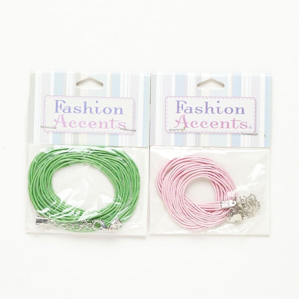 Cord and finding assortment 1pkg2, silver-finished steel and waxed cotton, green and pink, 6mm round cord with lobster claw clasp, 18 inches. image number 0