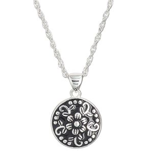 Necklace, Create Compliments®, sterling silver and enamel, black, 15mm round with flower and dots design, adjustable at 18 and 20 inches with springring clasp. Sold individually.