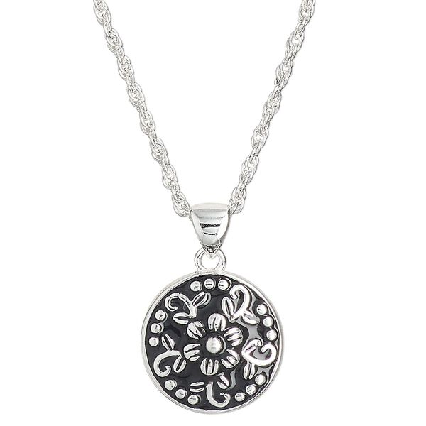 Necklace, Create Compliments®, sterling silver and enamel, black, 15mm round with flower and dots design, adjustable at 18 and 20 inches with springring clasp. Sold individually. image number 0