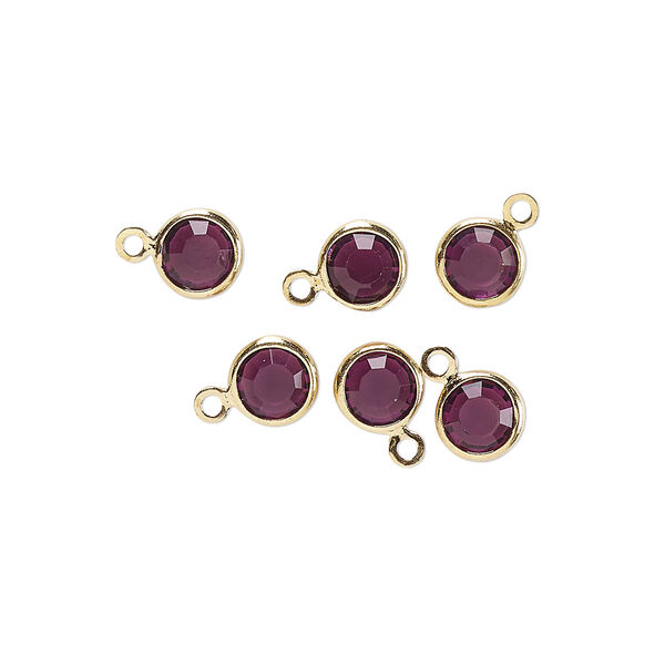 Drop, glass rhinestone and gold-finished brass, amethyst purple, 6-6.5mm faceted round. Sold per pkg of 6. image number 0