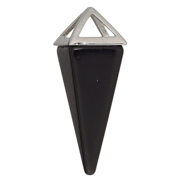 Black obsidian / "pewter" (zinc-based alloy) 1pkg1, imitation rhodium-finished hand-cut 4-sided point focal natural 36x15mm-42x15mm image number 0