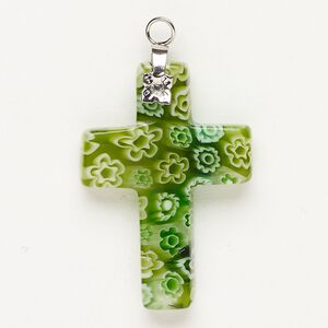 Focal 1pkg1 silver-finished steel and millefiori glass, translucent and transparent green / white / clear, 33x23mm-35x24mm cross.