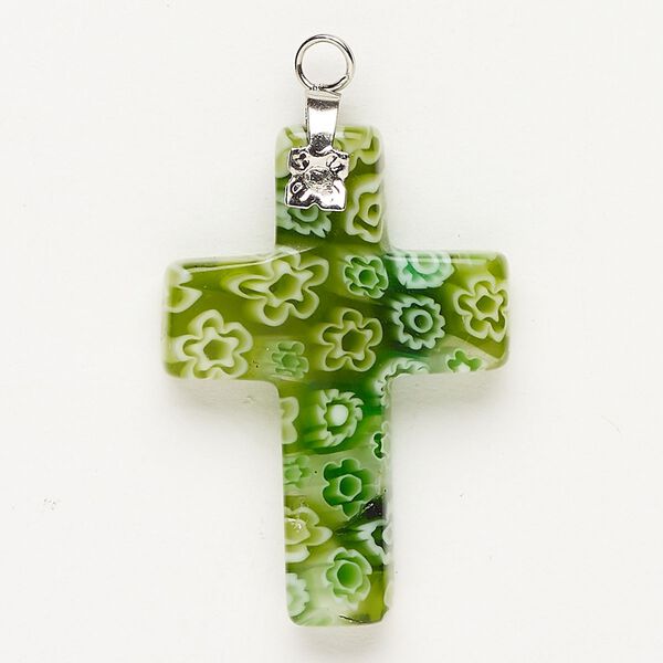 Focal 1pkg1 silver-finished steel and millefiori glass, translucent and transparent green / white / clear, 33x23mm-35x24mm cross. image number 0