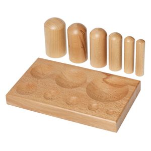 Dapping block and punch, wood, 10-3/4 x 6-1/2 x 1 inches. Sold per 7-piece set.