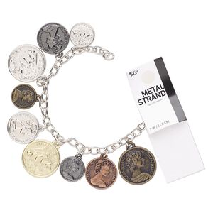 Bracelet component, gold- / silver- / antique gold-finished "pewter" (zinc-based alloy) and steel, with curb chain and 16-24mm replica coins. Sold per 7-inch length.