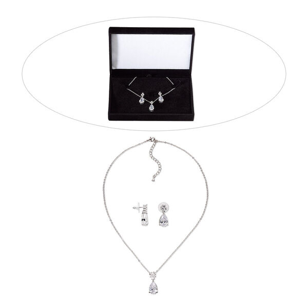 Necklace and earring set, cubic zirconia / stainless steel / rhodium-finished brass, clear, 22mm dangle, 15" to 16" necklace with 2-inch extender chain and lobster claw clasp, 24mm earrings with post. Sold per set. image number 0