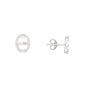 Earstud 1pkg2 sterling silver, 9x7mm oval / 8x6mm oval bezel cab setting / earnuts, 1 pair