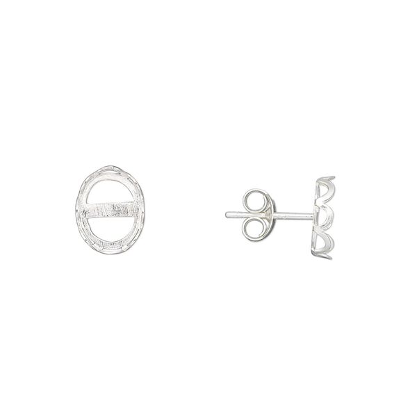 Earstud 1pkg2 sterling silver, 9x7mm oval / 8x6mm oval bezel cab setting / earnuts, 1 pair image number 0