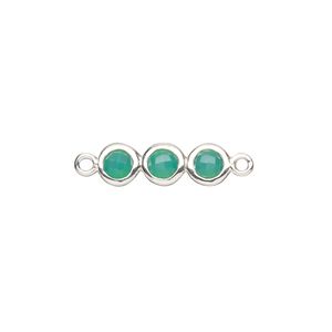 Link, sterling silver and chalcedony (dyed), sea green, 18x6mm double-sided overall with 6mm faceted round, Mohs hardness 6-1/2 to 7. Sold individually.