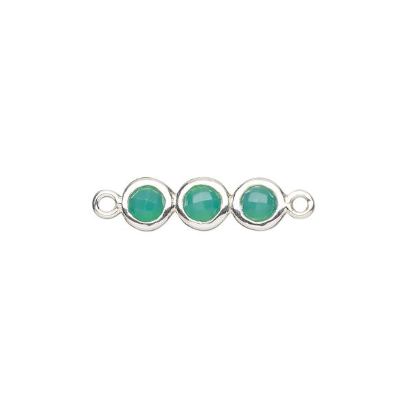Link, sterling silver and chalcedony (dyed), sea green, 18x6mm double-sided overall with 6mm faceted round, Mohs hardness 6-1/2 to 7. Sold individually. image number 0