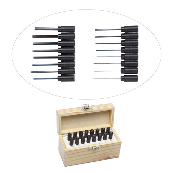 Hole gauge pin, wood / plastic / foam / silver-finished steel, black and white, 5-3/4 x 2-1/2 inches. Sold per 16-piece set. image number 0