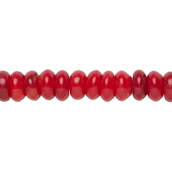 Bead, bamboo coral (dyed), red, 8x3mm-8x4mm hand-cut rondelle, B- grade, Mohs hardness 3-1/2 to 4. Sold per 15-1/2" to 16" strand. image number 0