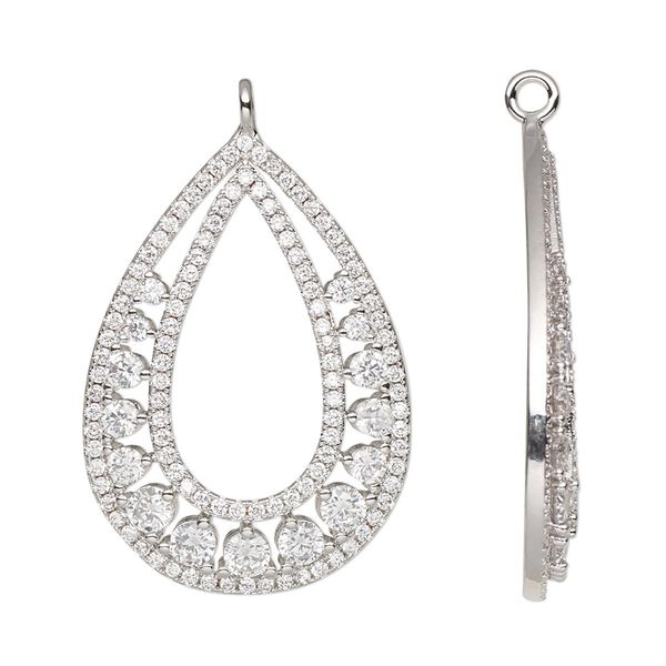 Focal, cubic zirconia and silver-finished brass, clear, 31x21.5mm single-sided open teardrop. Sold individually. image number 0