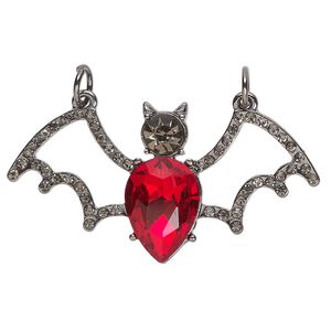 Focal, gunmetal-finished "pewter" (zinc-based alloy) and glass, black and red, 41.5x25mm bat with 2 loops. Sold individually.