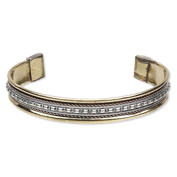 Bracelet, cuff, brass / copper / steel, 11mm wide with twist and beaded design, adjustable from 7-1/2 to 8-1/2 inches. Sold individually. image number 0