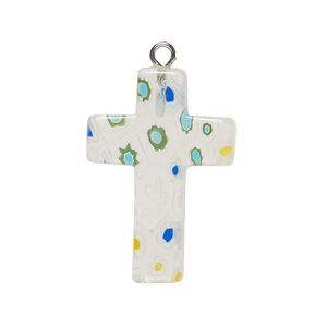 Focal, millefiori glass and silver-finished steel 1pkg1, transparent clear and translucent multicolored, 33x20mm-36x21mm cross.