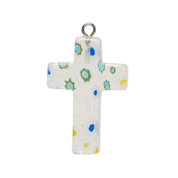 Focal, millefiori glass and silver-finished steel 1pkg1, transparent clear and translucent multicolored, 33x20mm-36x21mm cross. image number 0