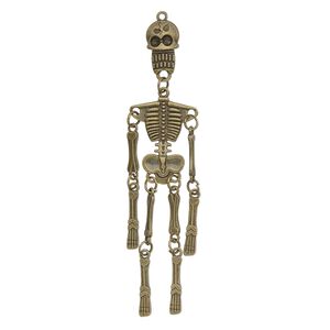Focal, antique brass-plated "pewter" (zinc-based alloy), 3-3/4 x 7/8 inch 3D skeleton. Sold individually.