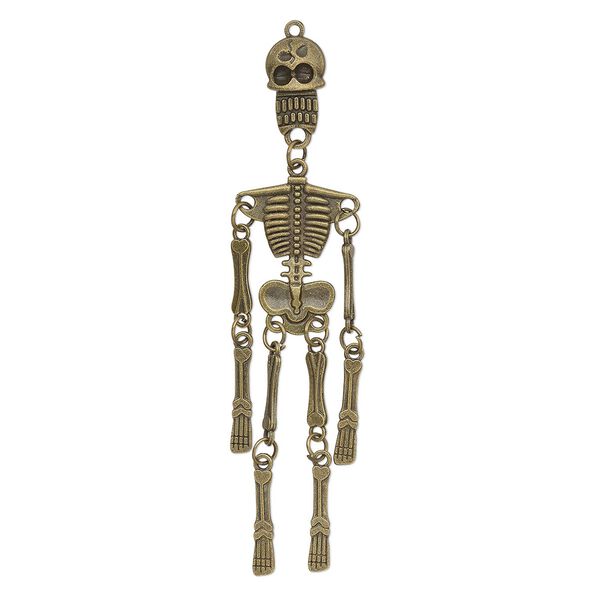 Focal, antique brass-plated "pewter" (zinc-based alloy), 3-3/4 x 7/8 inch 3D skeleton. Sold individually. image number 0