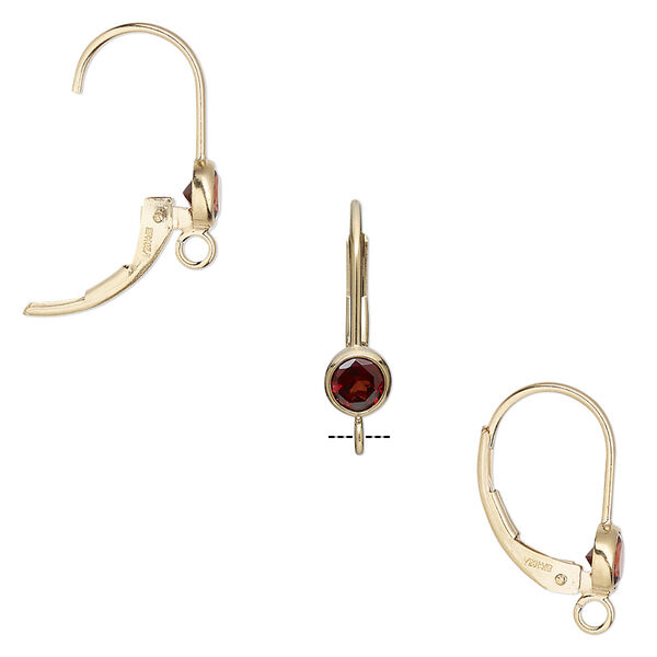 Ear wire, garnet (natural) and 14Kt gold-filled, 17mm leverback with 4mm faceted round and open loop. Sold per pair. image number 0