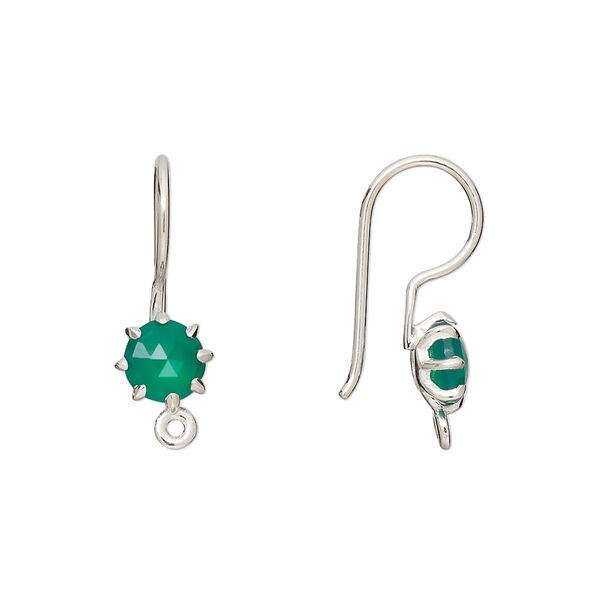 Ear wire, green onyx (dyed) and sterling silver, 22mm fishhook with 7.5mm hand-cut faceted round and closed loop, 19 gauge. Sold per pair. image number 0