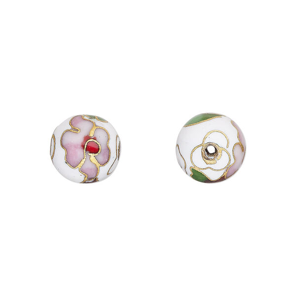 Bead, cloisonné, enamel and gold-finished copper, white and multicolored, 10mm round with flower design. Sold per pkg of 10. image number 0