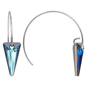 Earring, Everyday Jewelry™, Crystal Passions® and silver-plated "pewter", Bermuda blue, 44mm spike, 21 gauge. Sold per pair.