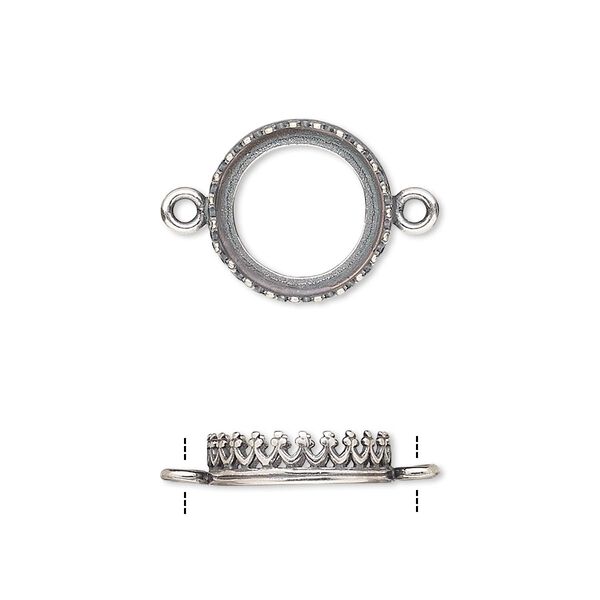 Link, JBB Findings, antique silver-plated brass, 13.5mm round with open back and decorative trim, 12mm round bezel setting. Sold per pkg of 2. image number 0