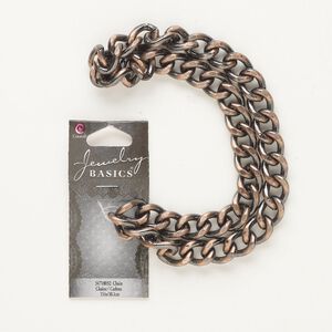 Chain, antique copper-finished steel, 10mm two-tone flat curb. Sold per pkg of 15 inches.