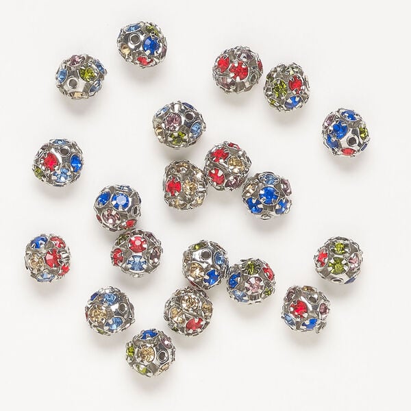 Bead 1pkg20, antique silver-finished brass and glass, multicolored, 8mm round. image number 0