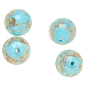 Bead, lampworked glass, clear / light blue / glow-in-the-dark / gold, 14mm round. Sold per pkg of 4.