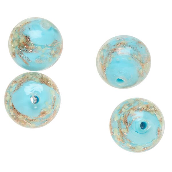 Bead, lampworked glass, clear / light blue / glow-in-the-dark / gold, 14mm round. Sold per pkg of 4. image number 0