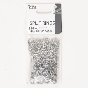 Steel 1pkg240, round split ring assortment silver-finished 6mm / 8mm / 9mm