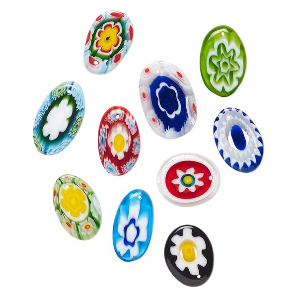 Drop, millefiori glass, translucent multicolored, 20x14mm-32x22mm top-drilled freeform with stretched flower design. Sold per pkg of 10. image number 0