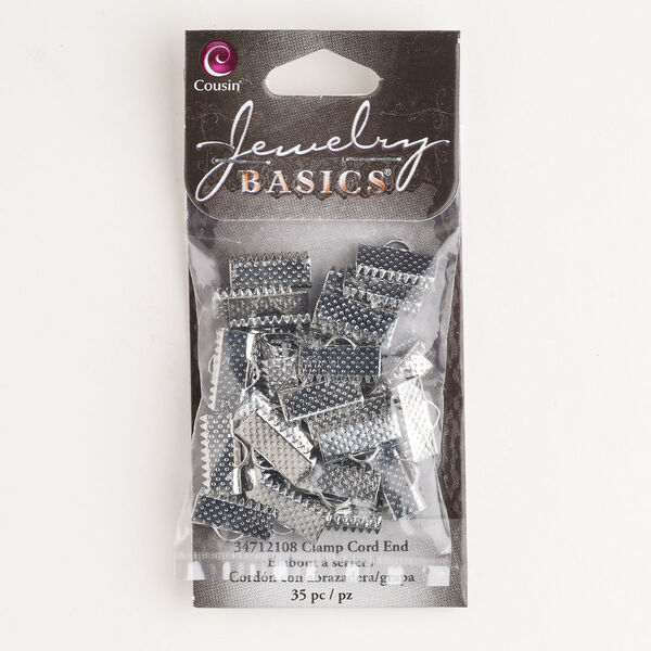 Ribbon crimp end, steel, pkg/35, silver finish, 13x6mm textured rectangle. image number 0