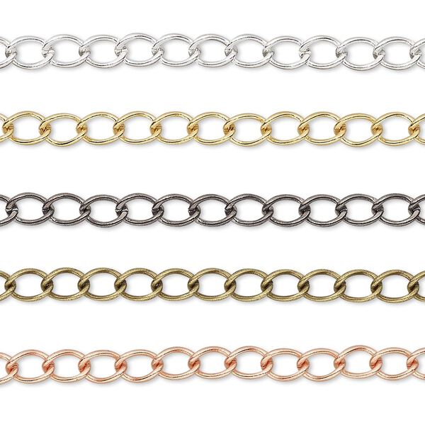 Extender chain mix, gold- / silver- / gunmetal- / copper- / antique gold-plated brass, 3.5mm curb. Sold per pkg of (5) 3-inch sections. image number 0