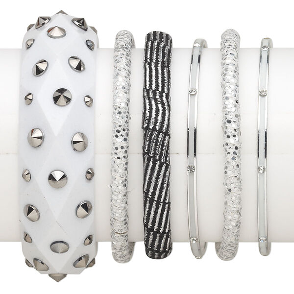 Bracelet mix, bangle, wood (dyed) / leatherette / plastic / enamel / polyester / silver-finished steel, white / silver / clear, 3-24mm wide with mixed design, 7-1/2 inches. Sold per 6-piece set. image number 0