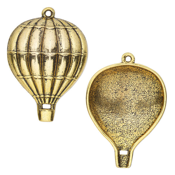 Charm, antique gold-finished "pewter" (zinc-based alloy), 29.5x23mm single-sided balloon. Sold per pkg of 4. image number 0