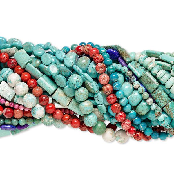 Bead mix, magnesite (dyed / stabilized), mixed colors, 6mm-48x37mm mixed shape, Mohs hardness 3-1/2 to 4. Sold per (25) 15" to 16" strands. image number 0
