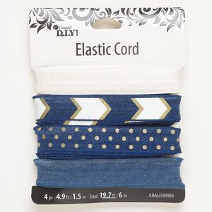 Ribbon, elastic and nylon, pkg/(4)1.5m, blues/white/gold, 15mm flat.