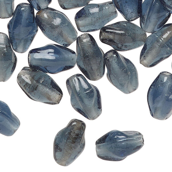 Bead, lampworked glass, translucent dark steel blue, 14x8mm twisted double cone. Sold per 2-ounce pkg, approximately 70 beads. image number 0