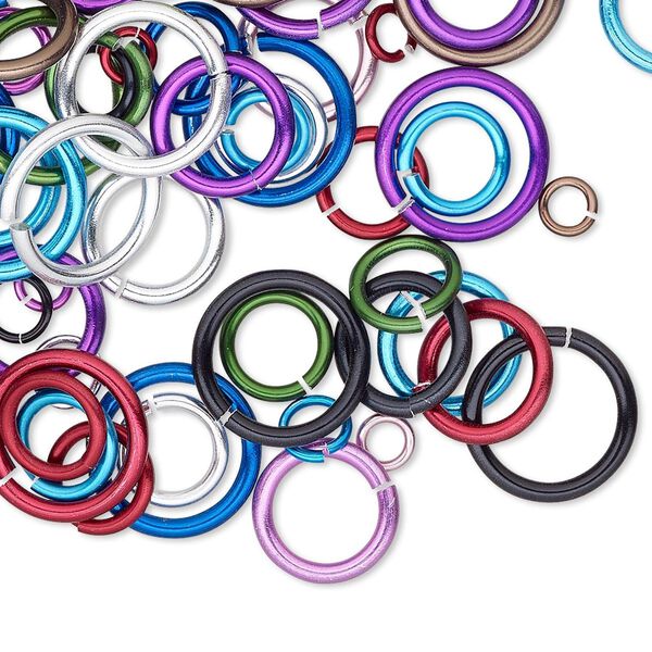 Jump ring mix, anodized aluminum, mixed colors, 4-12mm round, 2.5-9.2mm inside diameter, 14-20 gauge. Sold per pkg of 100. image number 0