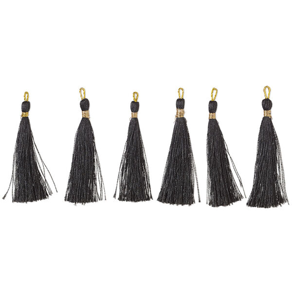 Tassel, polyester, black and gold, 2-1/2" tassel. Sold per pkg of 6. image number 0
