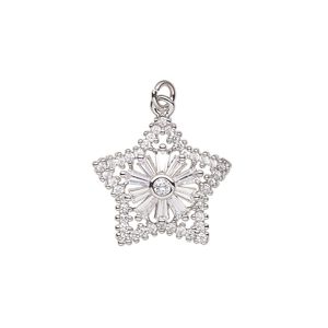 Charm, cubic zirconia and imitation rhodium-plated brass, clear, 19x18mm single-sided star. Sold individually.
